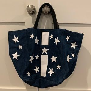 Large denim shopping bag w/ white stripe and stars